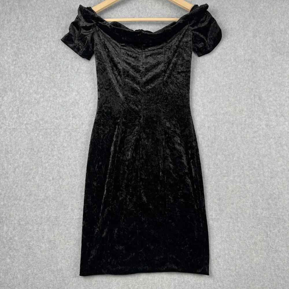 VTG All That Jazz Dress Womens Small Black Crushed Velvet Off Shoulder 90s LBD